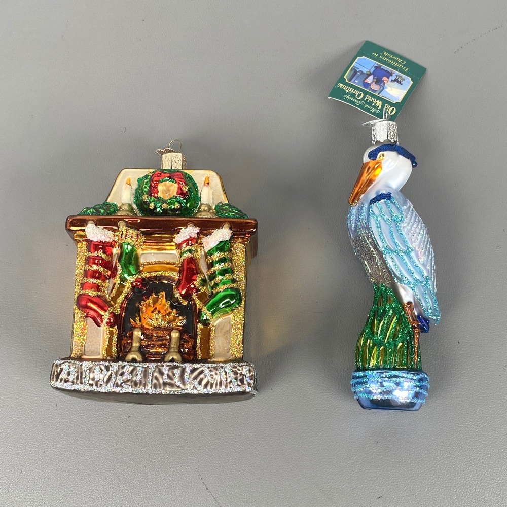 Old World Christmas Glass Holiday Glitter Ornaments Fireplace & Blue Heron Bird